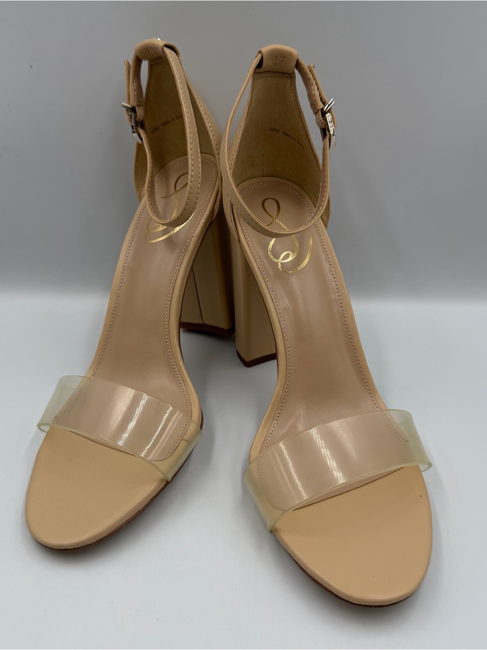 Sam Edelman Yaro Beige Leather Sandal Heel Womens 9.5 Ankle Strap Clear Upper
